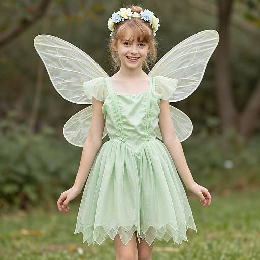 Photograph of a young girl with fair skin, brown hair, and a flower crown, wearing a pastel green fairy dress and translucent wings, standing