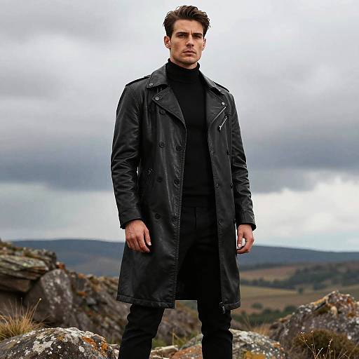 Man in Black Leather Coat in Rugged Landscape