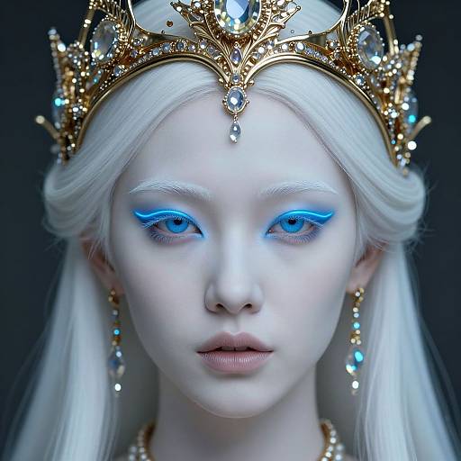 Digital artwork of a pale-skinned, white-haired woman with blue eye makeup, wearing an ornate gold crown and dangling earrings, against a dark background