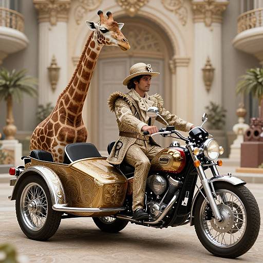 Photorealistic image of a man in gold leopard-print suit riding a gold motorcycle with a giraffe standing behind him, in front of an ornate