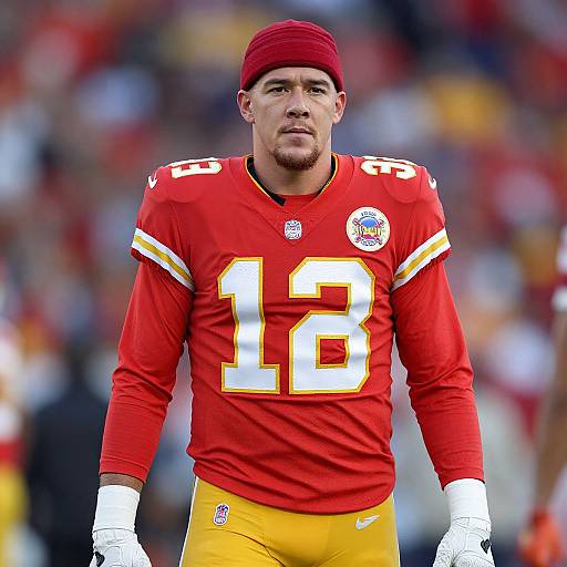 Photograph of a muscular male football player in a red and yellow Pittsburgh Steelers uniform, number 12, wearing a red beanie, standing on a