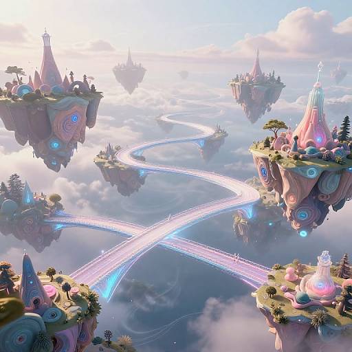 Fantastical CGI image of floating, pastel-colored islands with glowing blue lights and swirling white trails, set in a cloudy sky.