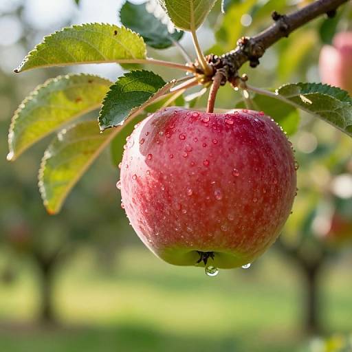 Photograph of a ripe, red apple with water droplets, hanging from a branch with green leaves, sunlight illuminating it.