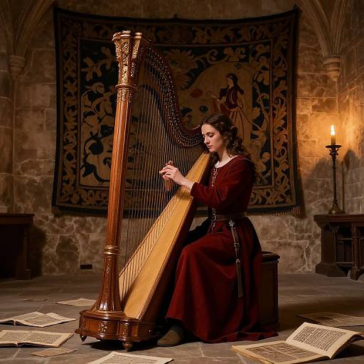 Medieval Bard Playing Harp Indoors