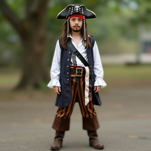 Photograph of a young boy dressed as a pirate, wearing a black tricorn hat, white shirt, blue vest, striped brown pants, and brown
