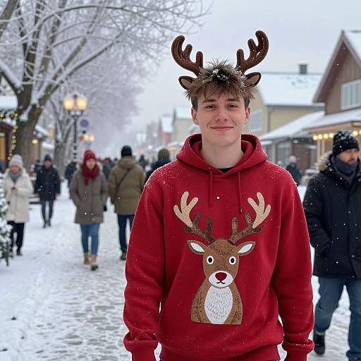 Photograph of a young man with brown hair and antlers wearing a red hoodie with a reindeer print, standing in a snowy, festive street.