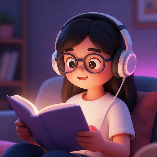 Kawaii Girl Reading with Headphones