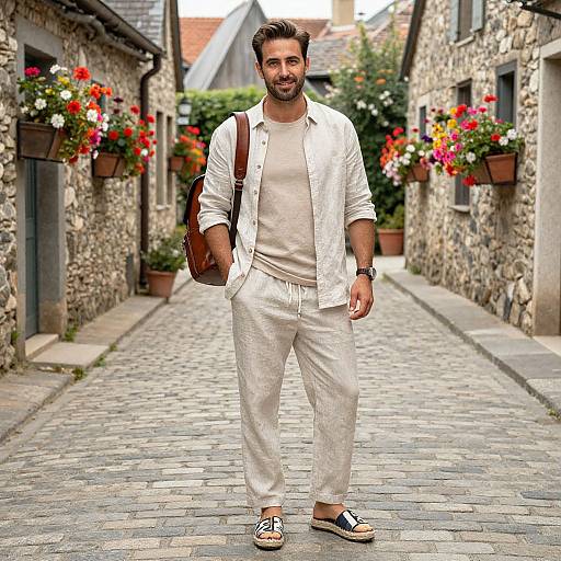 Photograph of a handsome bearded man in white outfit, brown leather bag, black sandals, standing on a cobblestone street with flower boxes.
