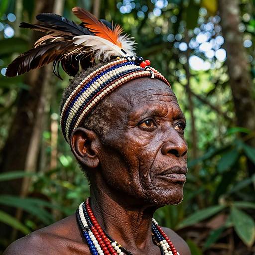 Photograph of an elderly African man with dark skin, wearing beaded headband with feathers, and colorful bead necklaces, standing in lush forest background