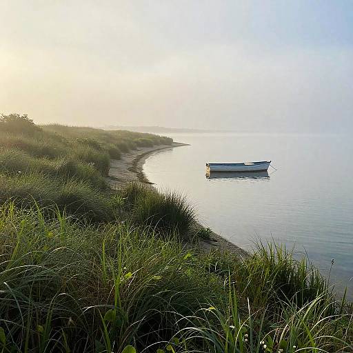 Misty Shoreline with Lone Boat
