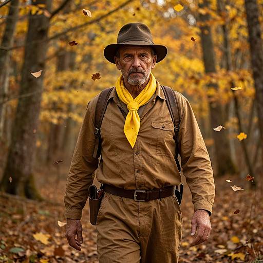 Grizzled older man in autumn forest, wearing brown ranger outfit, yellow neckerchief, brown hat, backpack, with falling leaves around. Phot