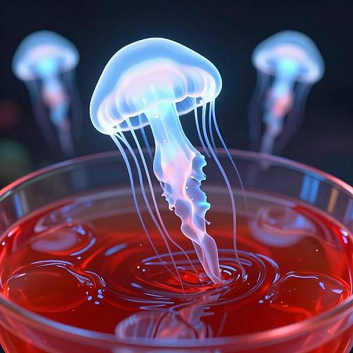 Photograph of a glowing blue jellyfish with translucent tentacles rising from a vibrant red liquid in a clear glass bowl. Blurred background features more glowing