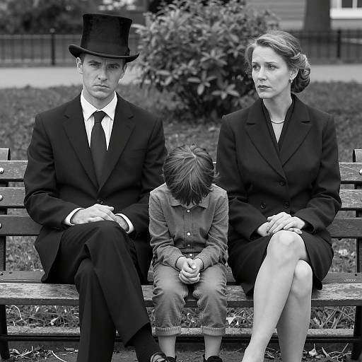 Serious Family Sitting on Park Bench in Black and White