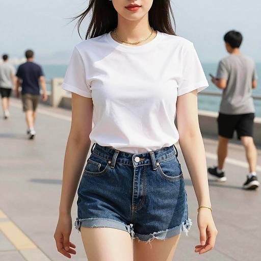 Busty Woman in Casual Streetwear at Seafront