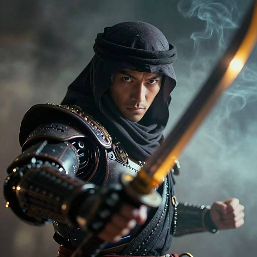 Photorealistic CGI of a fierce, dark-haired warrior in medieval armor, wielding a flaming sword, with smoke swirling in the background.