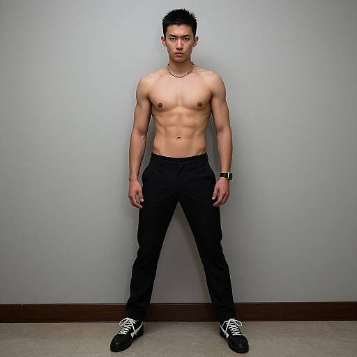 Photograph of a shirtless, muscular Asian man with short black hair, wearing black pants and black sneakers, standing against a plain gray wall.