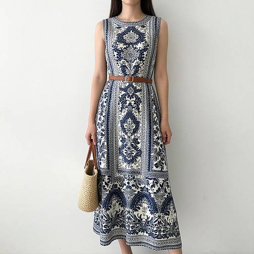Photograph of a woman in a sleeveless, blue and white patterned dress with a brown belt, holding a woven handbag, standing against a