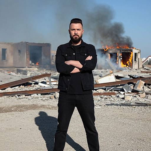 Photograph of a bearded man with short dark hair, black jacket and pants, standing with arms crossed in front of burning, ruined buildings with smoke