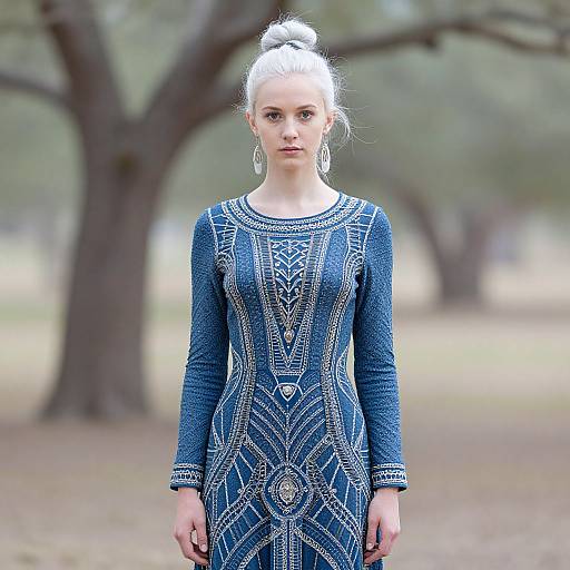 Photograph of a pale-skinned woman with white hair in an updo, wearing a detailed blue embroidered dress, standing in a blurred park with trees
