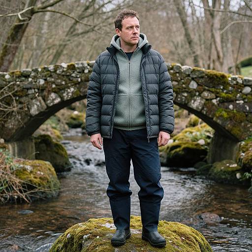 Photograph: Caucasian man in black puffer jacket, gray hoodie, black pants, and boots stands on mossy rock by forest stream under mossy