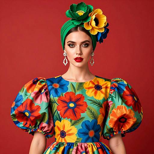 Woman in Vibrant Floral Dress and Bold Headpiece