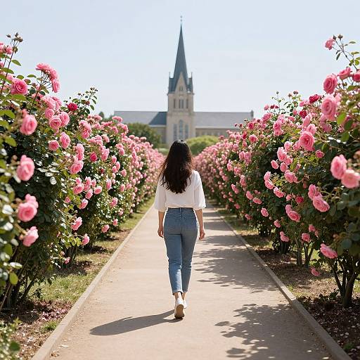 Photograph of a woman with long dark hair, white blouse, and blue jeans walking down a rose-lined path towards a church with a tall stee