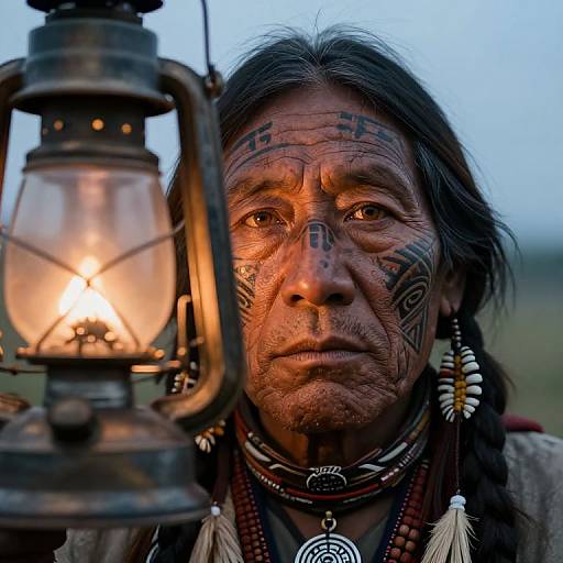Photograph of an elderly Native American woman with tribal tattoos, holding a lit lantern, wearing traditional jewelry and attire, against a twilight sky.