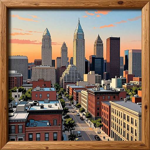Digital drawing of a cityscape with tall skyscrapers, framed in a wooden border. Sunset sky with orange and blue hues. Busy street with cars