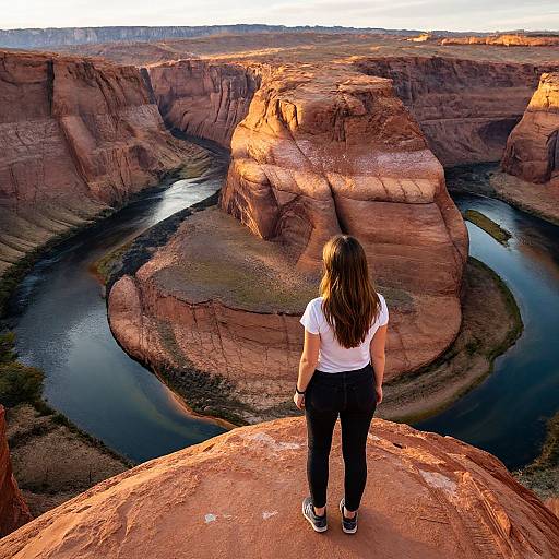 Photograph of a woman with long brown hair in a white shirt and black pants, standing on a red rock cliff, overlooking a vast, sunlit