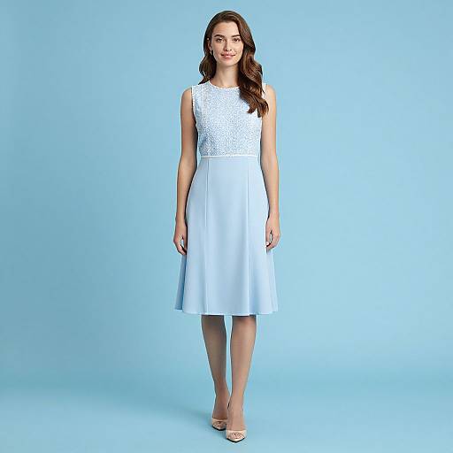 Photograph of a young woman with long brown hair, wearing a sleeveless white dress with lace bodice, standing against a solid light blue background.