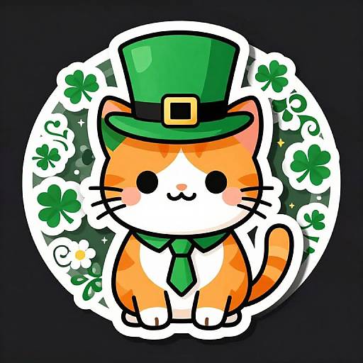 Cute digital illustration of an orange and white cat wearing a green top hat and tie, surrounded by four-leaf clovers on a dark background.