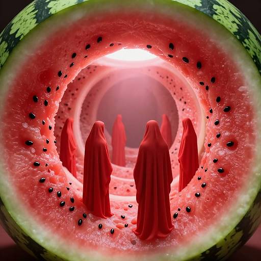 Digital art: Red-robed figures walk through a glowing, watermelon-like tunnel with black seeds, surrounded by intense red and pink hues.