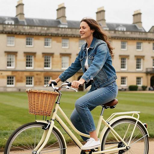 Young woman riding bicycle in historic setting