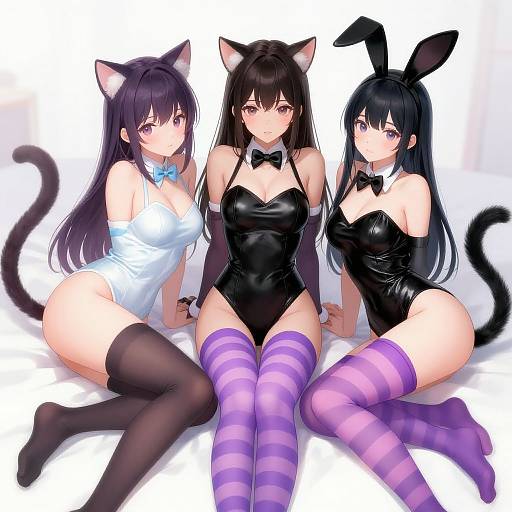 Digital anime-style illustration of three cat-girls in black and white bunny suits, thigh-high stockings, and cat ears, sitting together on white background.