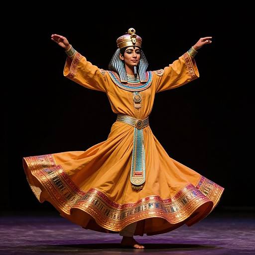 Photograph of a dancer in an elaborate, orange ancient Egyptian-inspired costume with gold and blue accents, arms raised, on a dark stage.