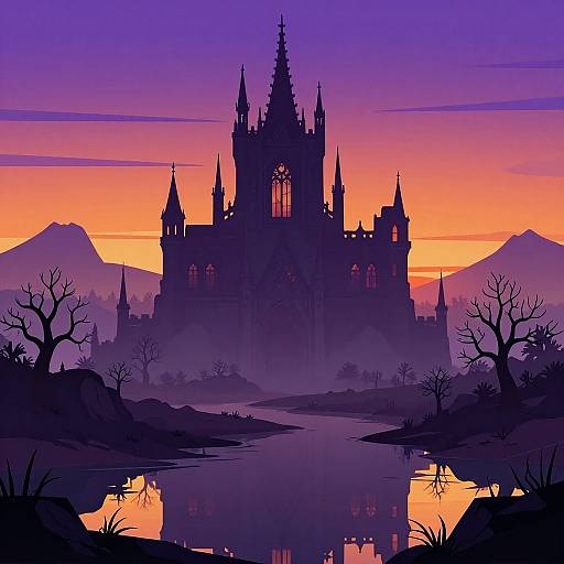 Digital illustration of a gothic castle silhouetted against a vibrant orange and purple sunset, reflected in a calm river, surrounded by barren trees and