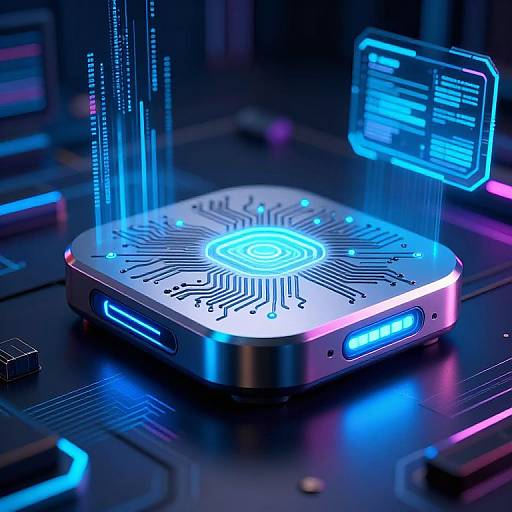 Photograph of a glowing, futuristic blue and purple square chip with holographic data display, emitting neon lines, on a dark circuit board.