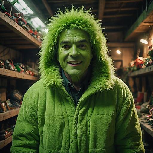 Man in Green Furry Coat with Painted Prosthetic Face
