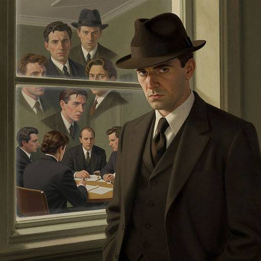 Digital artwork of a serious man in a black suit and hat, reflected in a window showing multiple men in similar attire, seated at a table, in