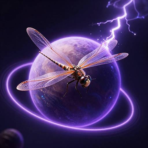 Digital artwork of a transparent dragonfly with detailed wings hovering above a glowing purple planet, surrounded by lightning against a dark background.