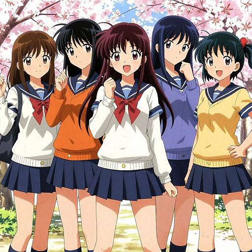 Anime-style illustration of five schoolgirls in sailor uniforms, each wearing different colored sweaters (orange, white, purple, blue, yellow), standing under