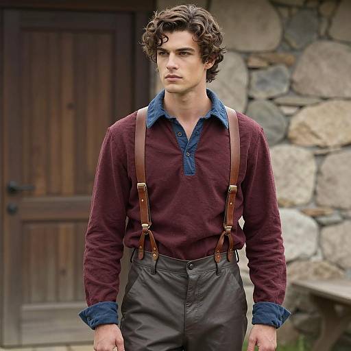 Young Man in Vintage Outfit with Leather Suspenders