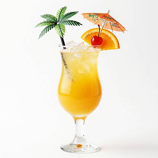 Photograph of a tropical cocktail with an orange slice, cherry, small umbrella, palm frond, and ice, in a glass with a white background