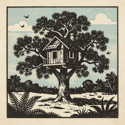 Vintage Botanical Woodcut Treehouse Scene