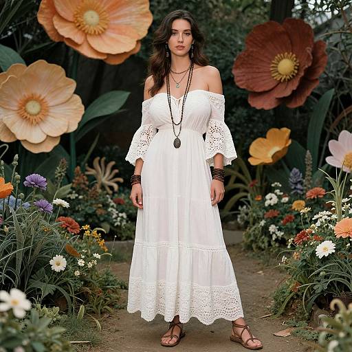 Photograph of a woman with long dark hair in an off-shoulder white lace dress, standing in a vibrant garden with oversized flowers and colorful blooms