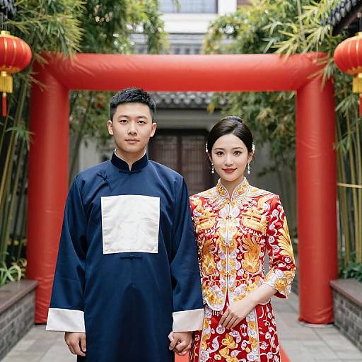 Photograph of an Asian couple standing in front of a red torii gate, wearing traditional Chinese attire. Man in black, woman in red floral dress