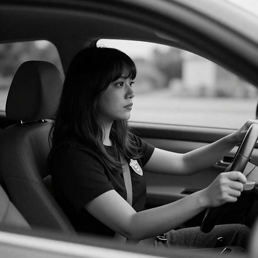Black-and-White Woman Driving With Badge