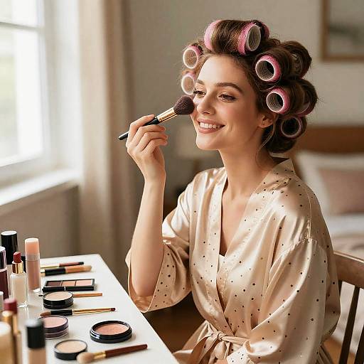 Woman Applying Makeup at Cozy Vanity