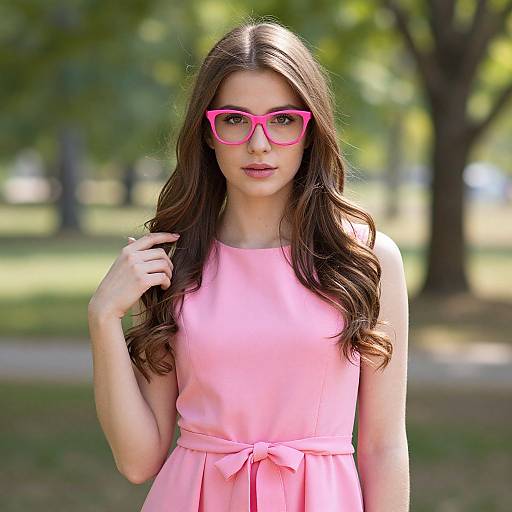 Photograph of a young woman with long brown hair, wearing a pink dress and matching pink glasses, standing in a sunlit park.