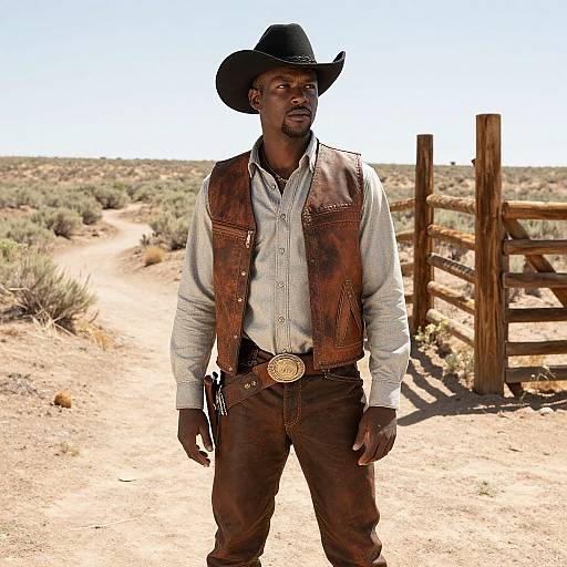 Photograph of a Black cowboy standing on a desert dirt road, wearing a black hat, brown leather vest, and jeans, with a wooden fence in